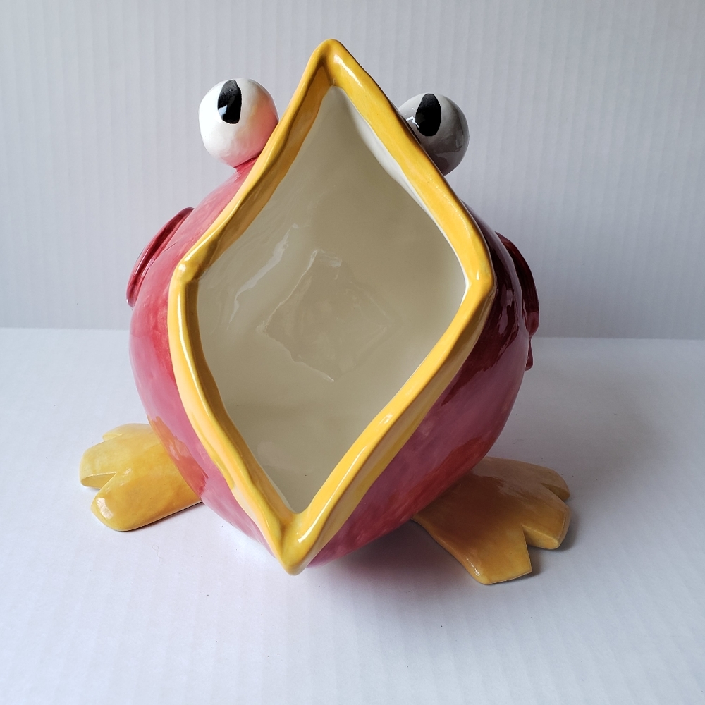 Studio Art Pottery Big Mouth Bird Signed Red Yellow Ceramic Cute 9" Wide NWOT - Picture 6 of 10